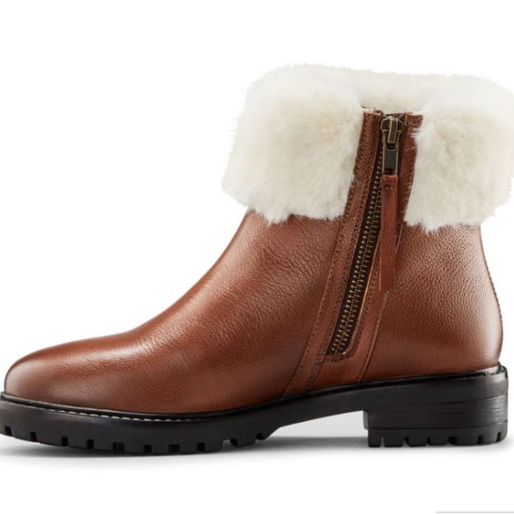 Never worn. Cougar Brown Ankle Boots with White Fur Trim